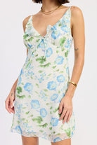 Ivory blue floral mini dress v-neckline with ruffle detail
