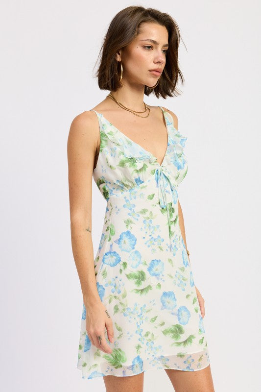 Ivory blue floral mini dress angled side view
