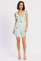 Ivory blue floral mini dress straight-on front view
