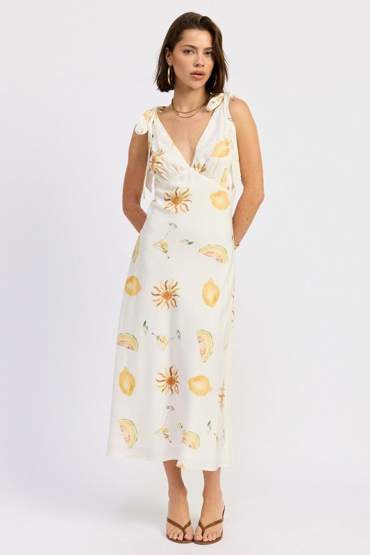 ivory citrus print tie shoulder midi dress front view