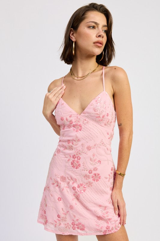 Rose Pink floral sequin embellished mini dress front view
