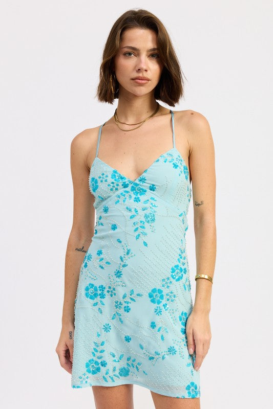 Aqua blue floral sequin embellished mini dress front view