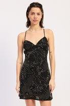 Black floral sequin embellished mini dress front view