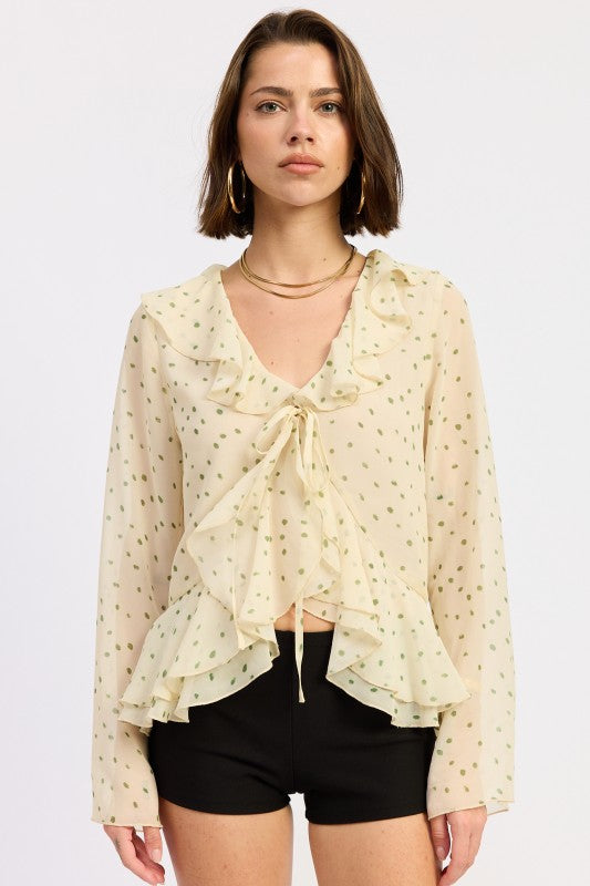 ivory green ruffle tie front blouse long sleeve sheer top women
