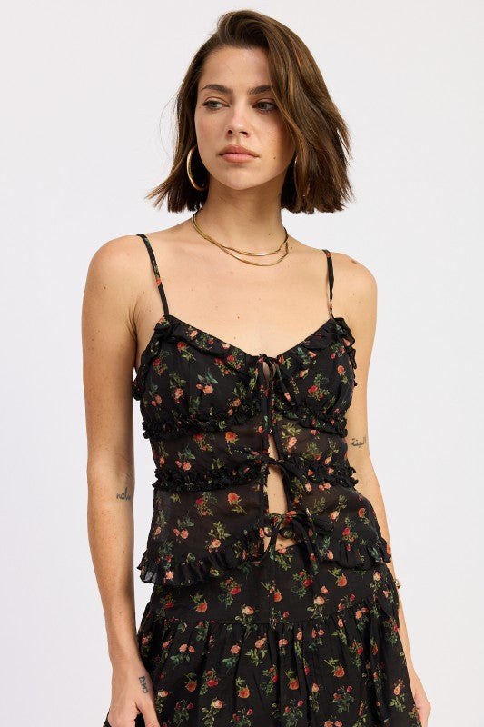 Front view of black floral ruffle tie-front cami top
