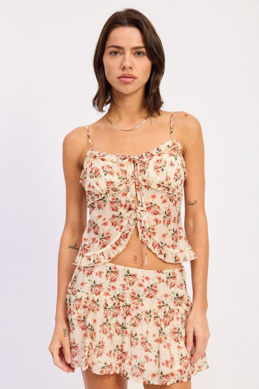 Front view of ivory floral ruffle tie-front cami top
