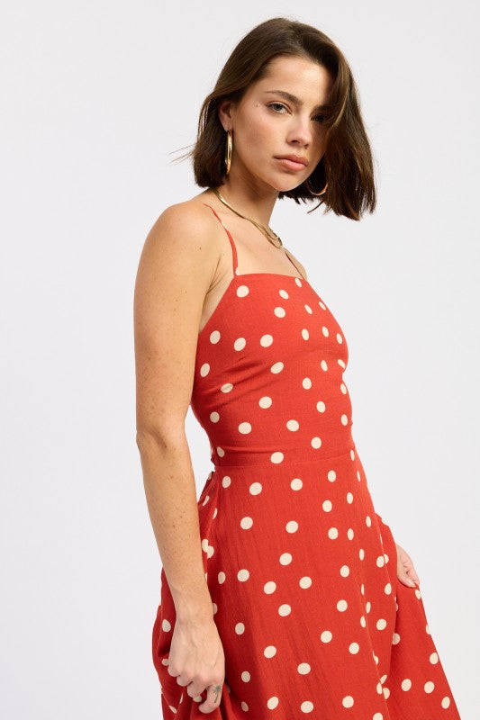 Close-up of straps and upper bodice of the red polka dot dress.