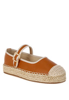 Front view of tan leather espadrille flats with buckle strap and woven toe detail-AVAH