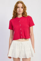 Fuchsia cropped short sleeve knit cardigan with button front, front view-AVAH