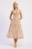 Ivory floral corset midi dress front view with V-neckline and fitted waist