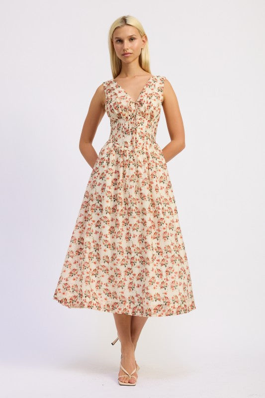 Ivory floral corset midi dress front view with V-neckline and fitted waist