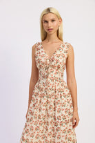 Ivory floral midi dress shown from waist up with sleeveless V-neck design
