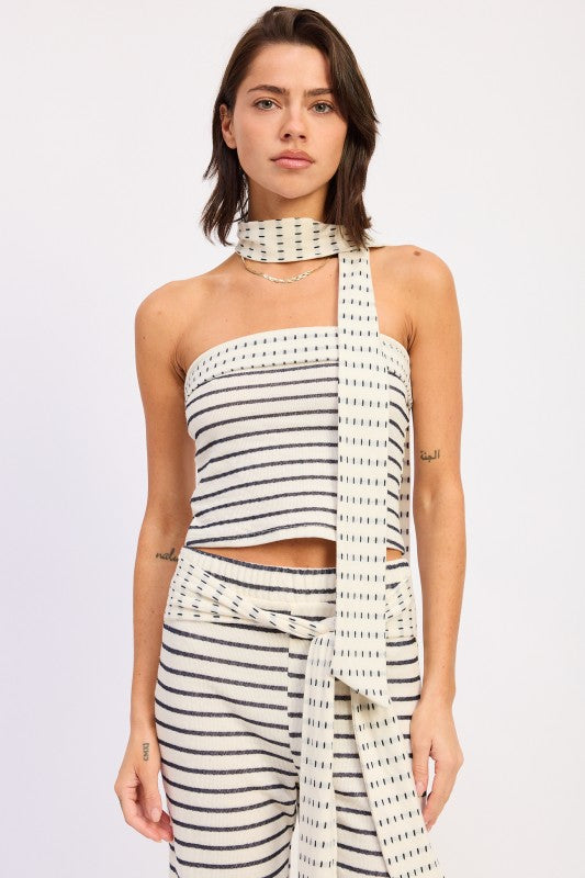 Ivory strapless striped crop top with matching scarf front view