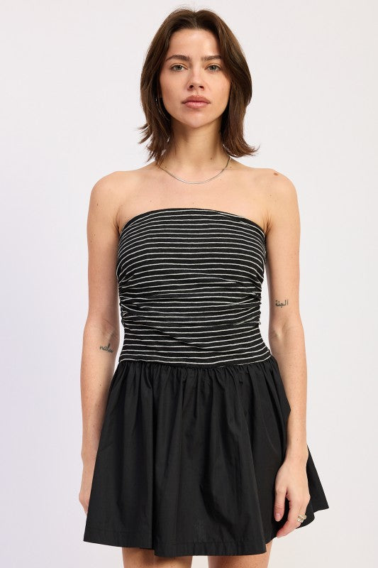 black strapless mini dress striped bodice contrast skirt women