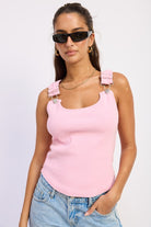pink ribbed tank top with buckle straps front view
