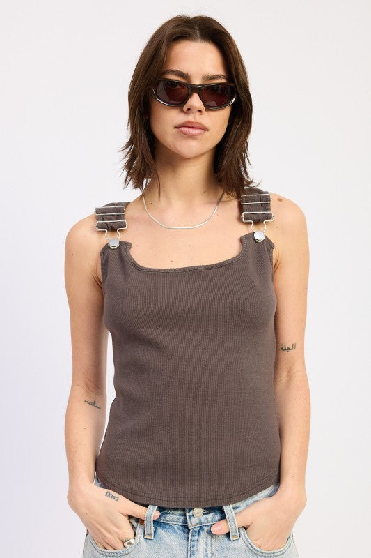 washed black ribbed buckle strap tank front view
