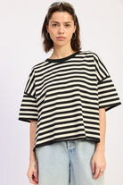 black ivory striped boxy tee front view