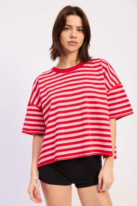 red pink striped boxy tee front view