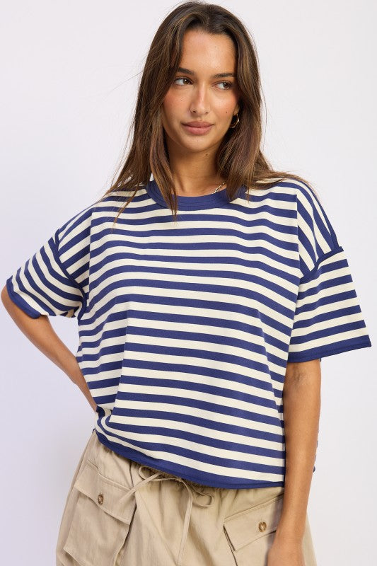 navy ivory striped boxy tee front view
