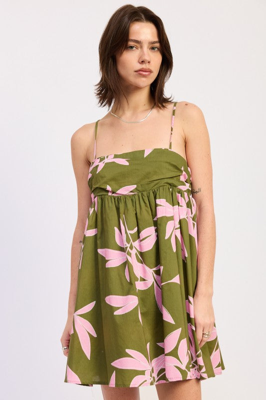 olive green floral mini dress front view with pink leaf print
