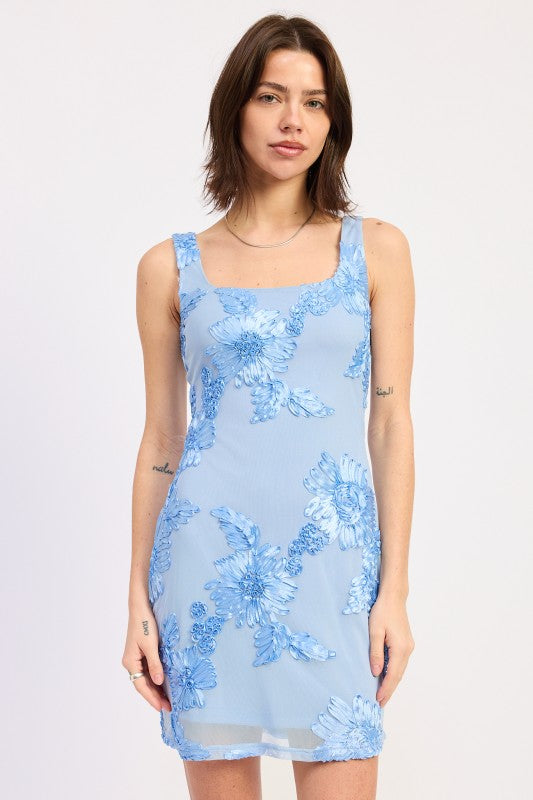 light blue floral embroidered mesh mini dress front view fitted silhouette
