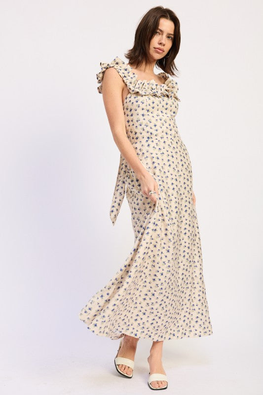 Angle view of floral maxi dress with flowing silhouette