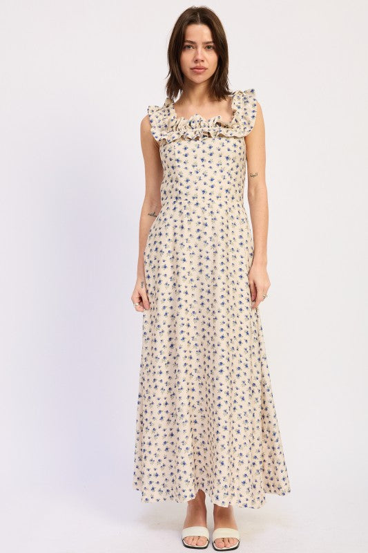 Ivory floral ruffle maxi dress front view with blue floral print