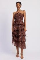 Brown polka dot tiered midi dress front view