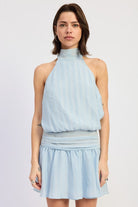 sky blue halter mini dress front view