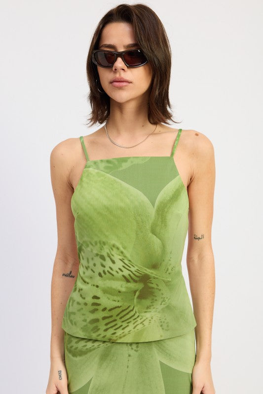 Green orchid print open back cami top with slim straps