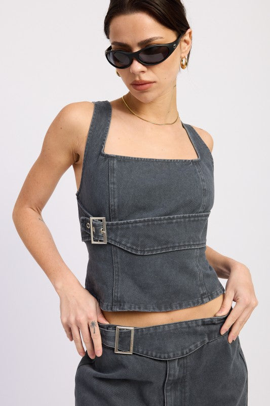Washed charcoal denim corset top with buckle detail front view
