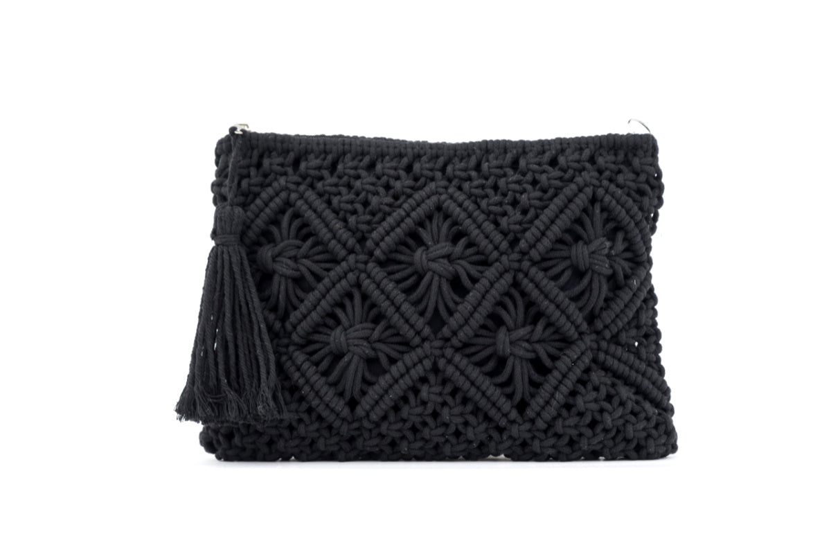Black Macrame Woven Clutch with tassel accent and zip closure and inside lining