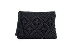 Black Macrame Woven Clutch with tassel accent and zip closure and inside lining