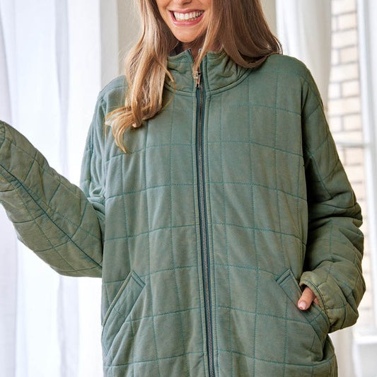 Tranquil Trails Quilted Zip Jacket-Sage Green-Avah