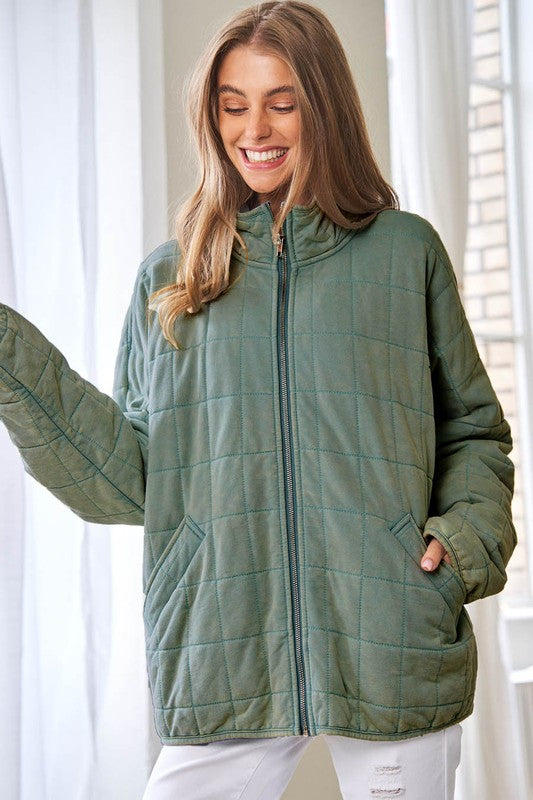Tranquil Trails Quilted Zip Jacket-Sage Green-Avah