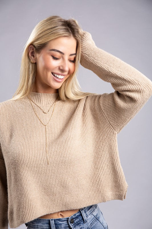 Sophisticated Warmth Mock Neck Pullover Sweater-Khaki-Avah