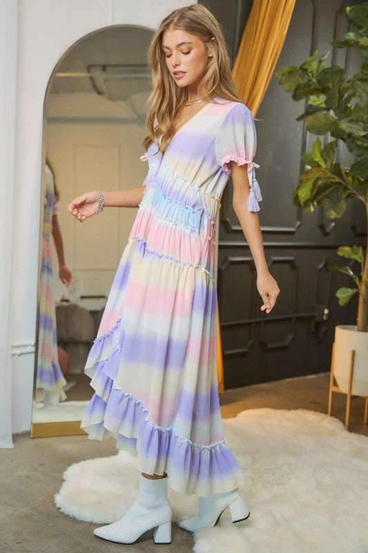 Paint The Town V-Neck Short Sleeve Maxi Dress-Lilac Multi-Avah Couture