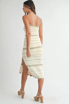 Back view of body-skimming crochet knit midi dress
