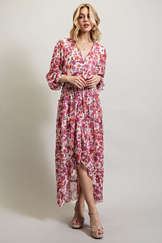 AVAH-Mila Floral Long Sleeve Maxi Dress-Pink Red and White 