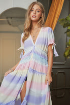 Paint The Town V-Neck Short Sleeve Maxi Dress-Lilac Multi-Avah Couture