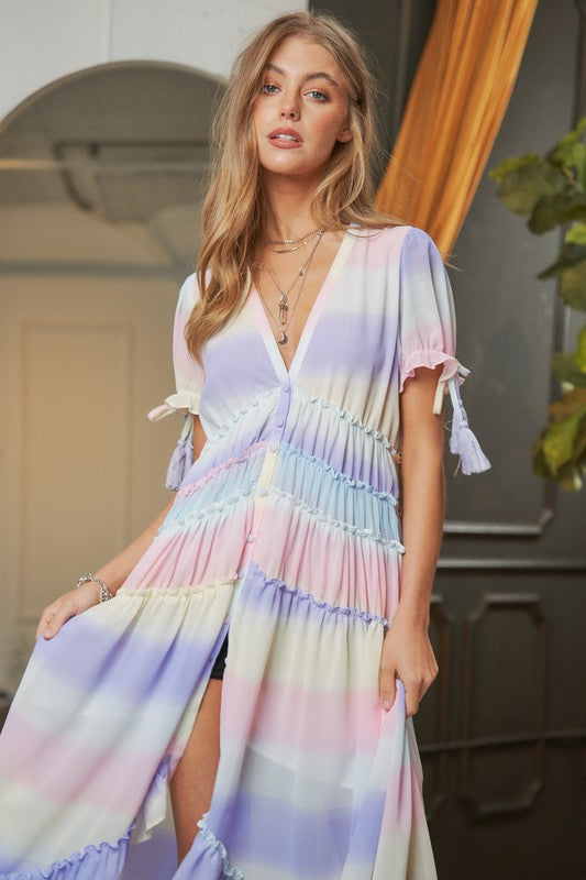 Paint The Town V-Neck Short Sleeve Maxi Dress-Lilac Multi-Avah Couture