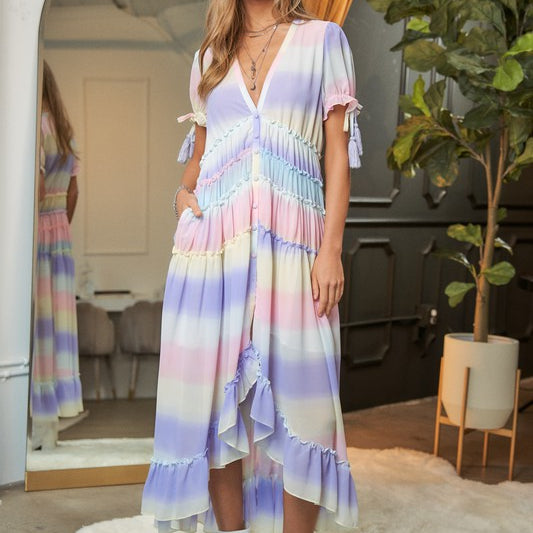 Paint The Town V-Neck Short Sleeve Maxi Dress-Lilac Multi-Avah Couture