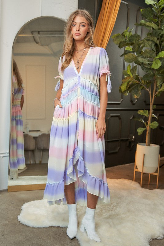 Paint The Town V-Neck Short Sleeve Maxi Dress-Lilac Multi-Avah Couture