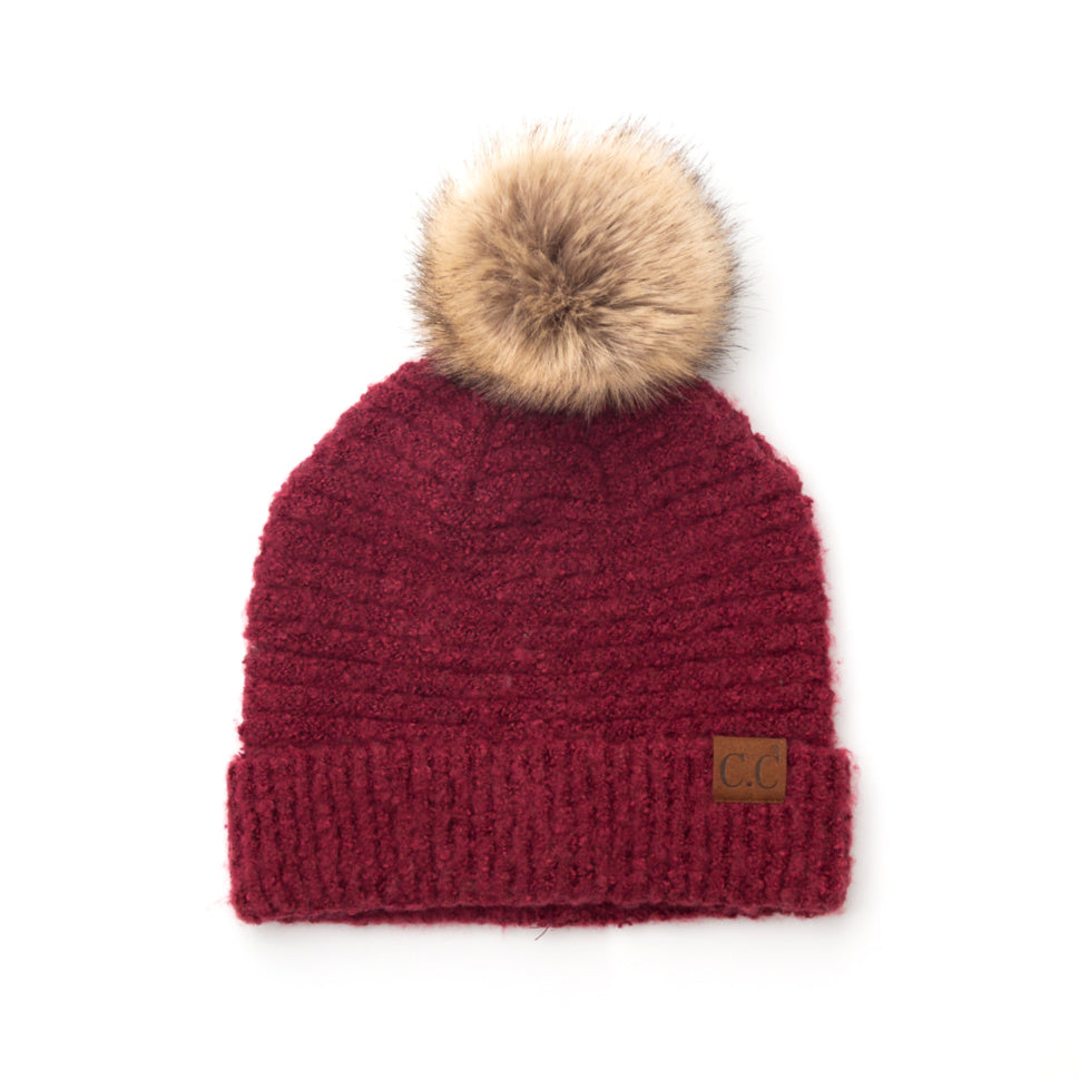 Burgundy boucle knit hat with faux fur pom 
