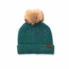 green boucle knit hat with faux fur pom 