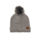 gray boucle knit hat with faux fur pom 