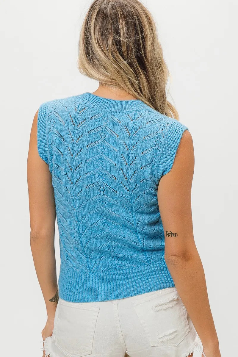 Back view of sky blue pointelle knit sweater vest with ribbed trim
