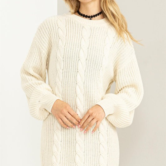 Cable-Knit Ribbed Sweater Dress-Cream-Avah