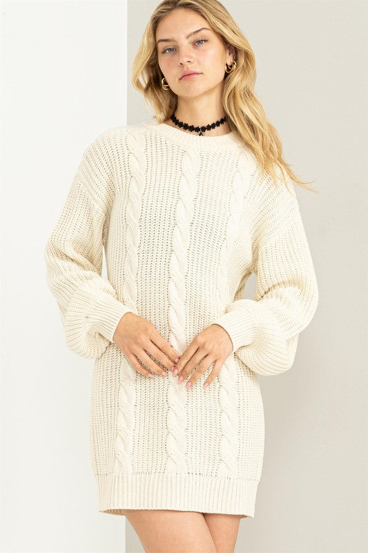 Cable-Knit Ribbed Sweater Dress-Cream-Avah