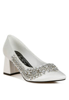 White satin block heel with crystal embellishment, angled front
